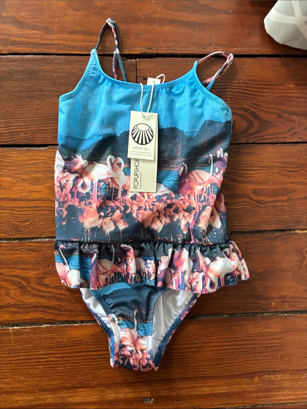 New Popup Shop Girls' Blue Flamingo Print Ruffle One-Piece Swimsuit Size 8